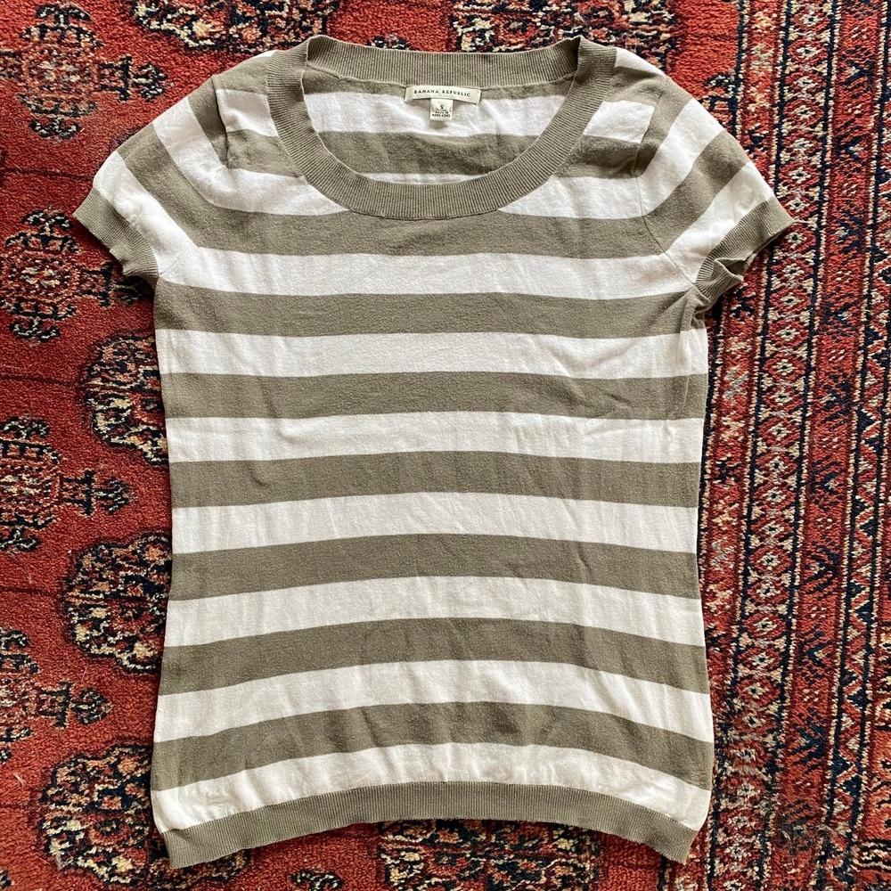 Banana Republic Women's S Taupe/White Wide Striped Scoop Neck Top